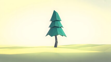 Geometric evergreen tree stands alone in a minimalist landscape with soft, pastel colors creating a calm and serene atmosphere perfect for modern designs