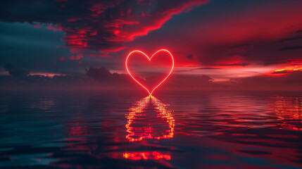 On the horizon rises a glowing red heart, illuminating the sky with a warm, romantic glow and creating a magical, enchanting atmosphere.