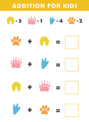 Addition for Kids. Fun Math Logic Puzzles for Kids. Math Game with Cute Animal Footprints Illustration. Math Activities for Children.	