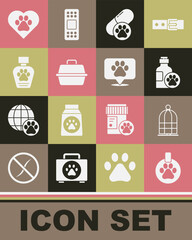Set Collar with name tag, Cage for birds, Pet shampoo, Dog pill, carry case, Heart animals footprint and Location veterinary icon. Vector