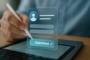 Hand with stylus submitting digital holographic profile form
