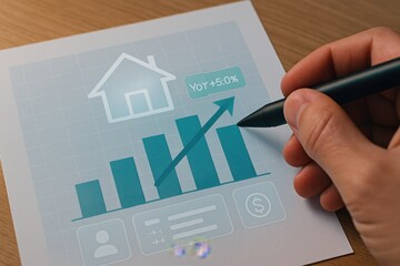 Hand drawing rising bar chart with real estate growth statistics
