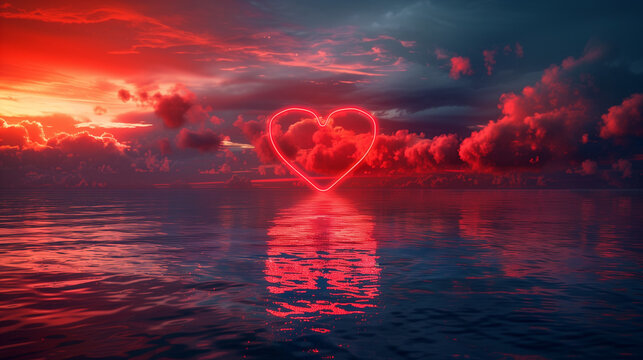 On the horizon rises a glowing red heart, illuminating the sky with a warm, romantic glow and creating a magical, enchanting atmosphere.