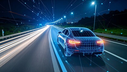 Autonomous Vehicle on Highway at Night with Digital Overlay.