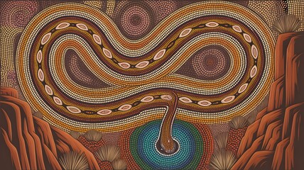 Stunning aboriginal art depicting a serpent winding through the Australian outback, perfect for cultural projects and educational materials about indigenous art