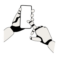 Flat vector illustration of robotic hands holding smartphone. Futuristic concept of artificial intelligence, technology, innovation, and digital communication. Isolated on transparent background