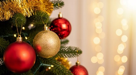 Obraz premium Gold and red Christmas ball ornament hanging on a festive fir tree. Holiday decoration for new year celebration.