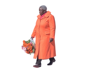 A Graceful Woman in an Orange Coat Walking with a Vibrant Bouquet of Flowers on transparent background