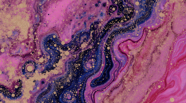 Macro texture of acrylic paint pouring with vibrant cell formation. Magenta and gold colors with silicone oil effects for abstract art - Powered by Adobe