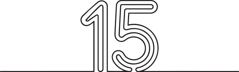 Minimalist continuous one line drawing of number 15, modern black and white vector illustration isolated on white background