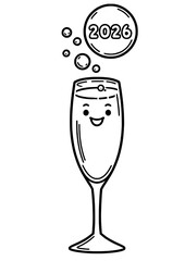A smiling champagne flute with bubbly “2026” above — cute, simple line art perfect for New Year’s coloring or festive designs.