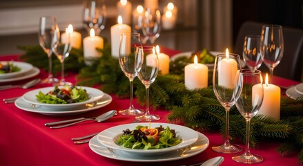 Fototapeta premium Holiday table setting with candles and spruce branch. Festive dinner concept. Christmas and New Year celebration.