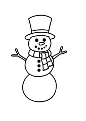 A simple black-and-white line drawing of a cheerful snowman wearing a top hat and scarf, with stick arms outstretched — perfect for coloring.