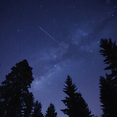Shooting Star Streaks Across Starry Night Sky Over Silhouetted Pine Trees stars milky way