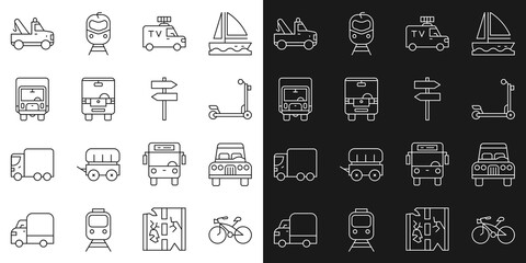 Set line Bicycle, Car, Scooter, TV News car, Bus, Delivery cargo truck, Tow and Road traffic signpost icon. Vector