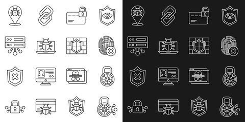 Set line Cyber security, Safe combination lock, Cancelled fingerprint, Credit card with, System bug monitor, Server, Data, Web Hosting, and Shield brick wall icon. Vector