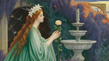Romantic portrait of a beautiful ethereal woman holding a rose in a magical garden with a marble fountain, perfect for fantasy book covers and artistic projects