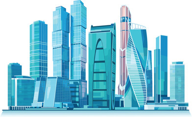 Fototapeta premium Futuristic city skyline illustration, modern architecture, twisted skyscraper, glass buildings, urban design, teal blue palette, stylized cityscape, high-rise towers