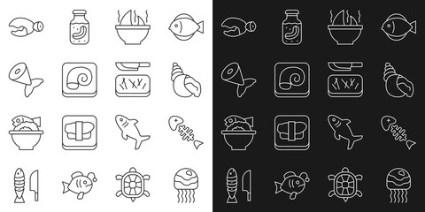 Set line Jellyfish, Fish skeleton, Scallop sea shell, Shark fin soup, Octopus plate, tail, Lobster or crab claw and Cutting board and knife icon. Vector