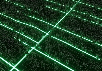 Abstract green neon grid lines abstracted across dark digital network data flow concept.