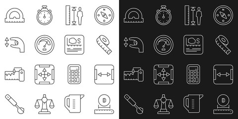 Set line Diameter, Area measurement, Measuring tape, height body, Speedometer, Approximate measurements, Protractor and icon. Vector