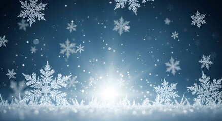 White snow and snowflake on blue background. Winter Christmas holiday decoration. New Year greeting card banner.