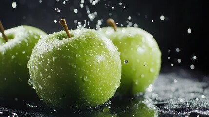 Fresh Green Apples with Splashing Water on Dark Reflective Surface