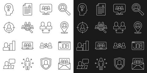 Set line Project team base, Search job, Worker location, Magnifying glass for search, Head hunting, and Exchange work icon. Vector