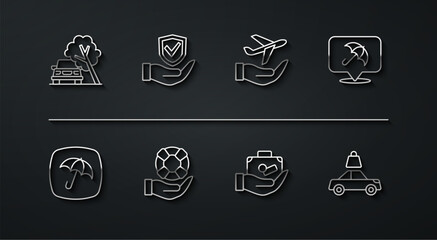 Set line Car damaged by fallen tree, Umbrella, Travel suitcase in hand, Lifebuoy, Shield, insurance and Plane icon. Vector