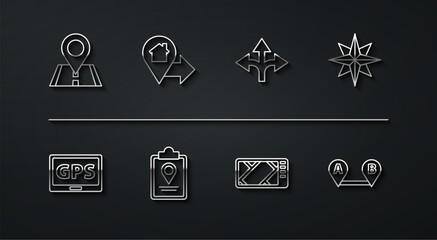 Set line Location, Gps device with map, Wind rose, Folded location marker, house, Route and Road traffic sign icon. Vector