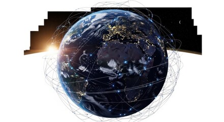 Global network of light trails encircling earth from space at sunrise