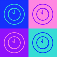 Pop art line Clock icon isolated on color background. Time symbol. Vector