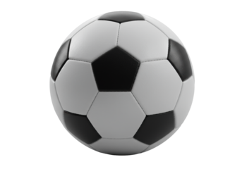 Pristine, high-performance soccer ball with white & black hexagonal panels, embossed seams, perfectly inflated on a transparent studio background, commercial product photography concept