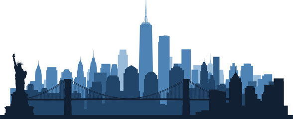 New York City skyline silhouette, Statue of Liberty, One World Trade Center, Brooklyn Bridge, iconic landmarks, urban architecture, blue cityscape art