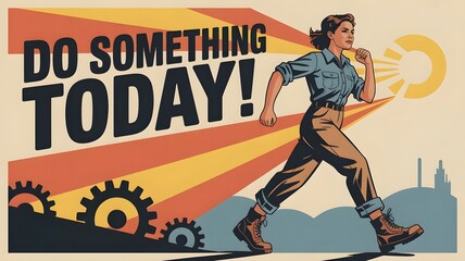Empowered woman running toward progress, featuring motivational retro design with gears, industry, and do something today message for impactful campaigns