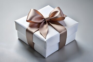 Fototapeta premium Mockup image a white gift box with a gold ribbon on a gray surface, perfect for a birthday, anniversary, or other special occasion
