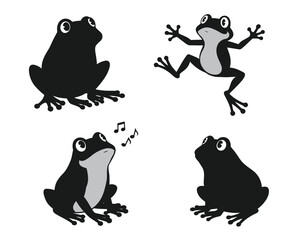 Four silhouettes of frogs in different poses including sitting jumping singing and looking upward on white background