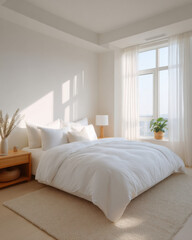 Fototapeta premium Peaceful and bright modern bedroom interior design with cozy white bed. Natural light streams through large window, creating serene and relaxing morning atmosphere