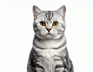 Fototapeta premium Stunning British Shorthair silver tabby cat portrait, bright clean background, crisp DSLR detail, versatile for creative design and advertising campaigns.
