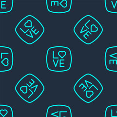 Green line Love text icon isolated seamless pattern on blue background. Valentines day greeting card template. Vector