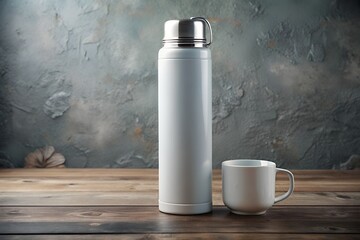 Mockup image a white thermos and a mug are standing on a wooden table against a gray wall in a minimalist style setting