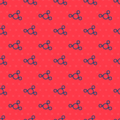 Blue line Molecule icon isolated seamless pattern on red background. Structure of molecules in chemistry, science teachers innovative educational poster. Vector