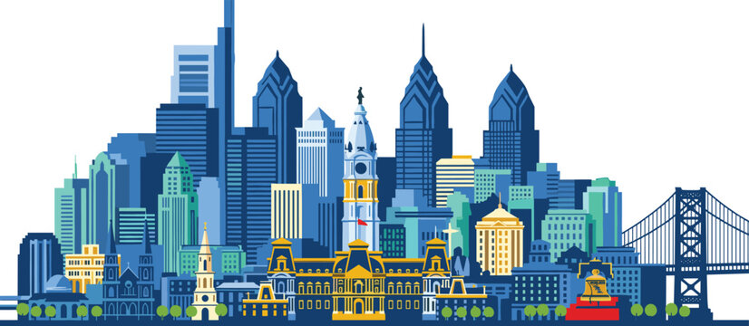 Philadelphia skyline illustration, historic architecture, City Hall, Liberty Place, Comcast Tower, Benjamin Franklin Bridge, urban design, stylized cityscape, USA landmark
