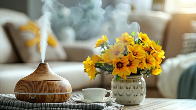 An aromatherapy diffuser releases soothing mist while yellow flowers brighten a comfortable living room space during daylight
