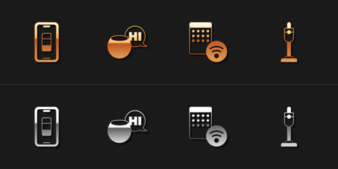 Set Smartphone battery charge, Voice assistant, Air humidifier and Vacuum cleaner icon. Vector