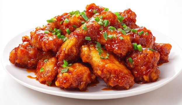 A plate of crispy, spicy, and flavorful fried chicken pieces, topped with fresh green onions, is showcased in a close-up shot. - Powered by Adobe
