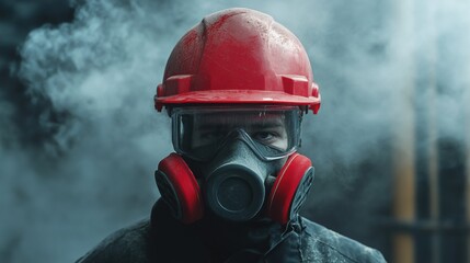 Obraz premium Worker in protective gear amidst smoky industrial environment
