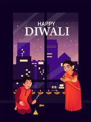 Happy Diwali Indian festival of lights. Vector illustration of cityscape or landscape background with family celebrating festival with oil lamps, and fire crackers.