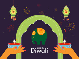 Abstract creative Vector Illustration On Indian festival celebration Happy Diwali with women hands holding oil lamps.