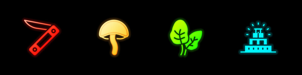 Set Swiss army knife, Mushroom, Tropical leaves and Chichen Itza in Mayan icon. Vector